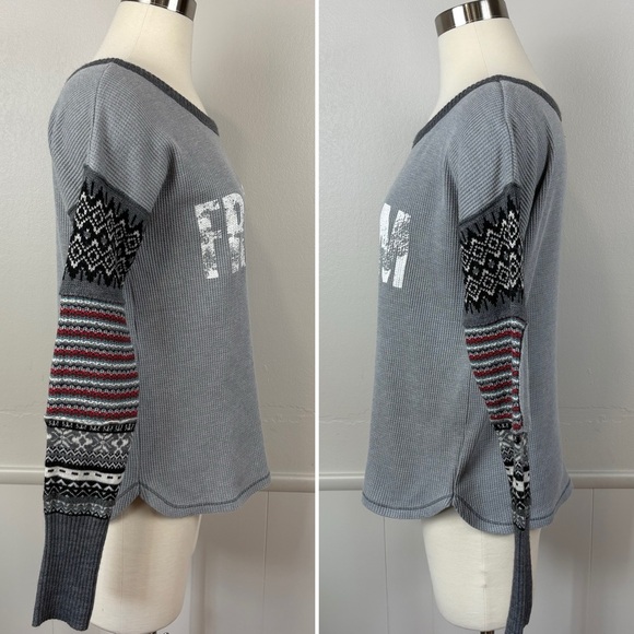 We the Free by FP Thermal Waffle Knit Top "FREEDOM" Size S Gray Grunge Knit - Picture 6 of 17